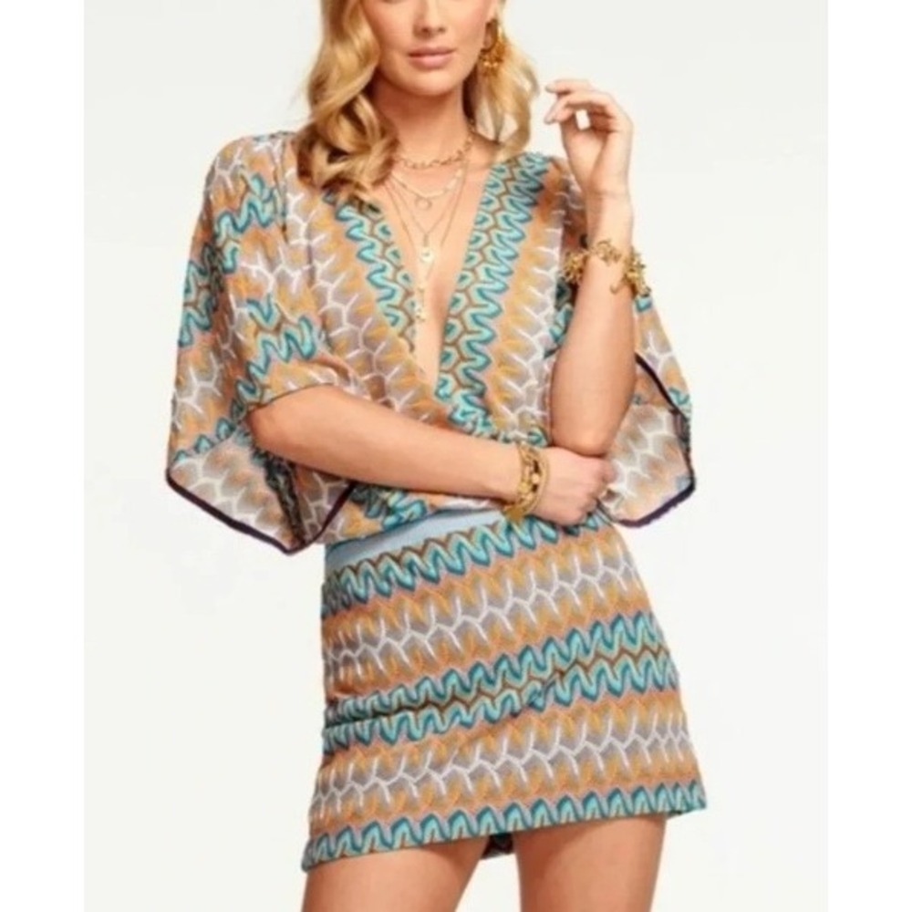 Ramy Brook Women Zig Zag Chevron Metallic Crochet V-Neck Mini Dress Coverup Swim